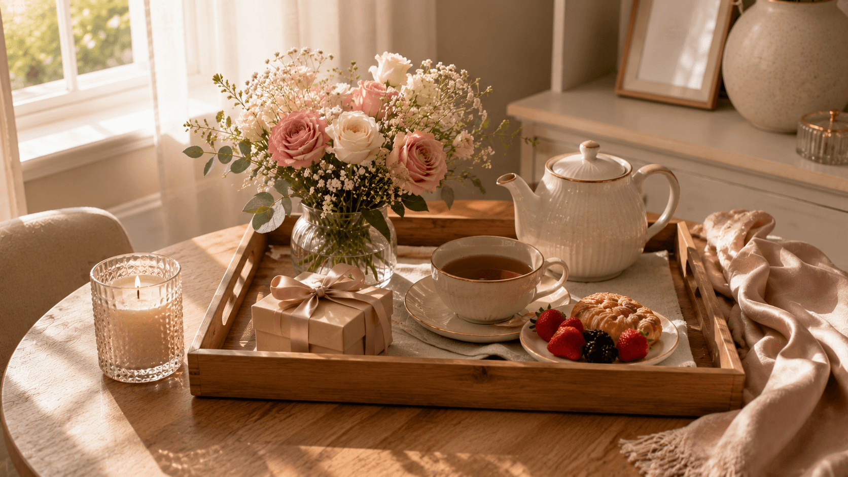 a tray filled with pastries, cup of tea, a bouquet of flower, and a box with a ribbon on top