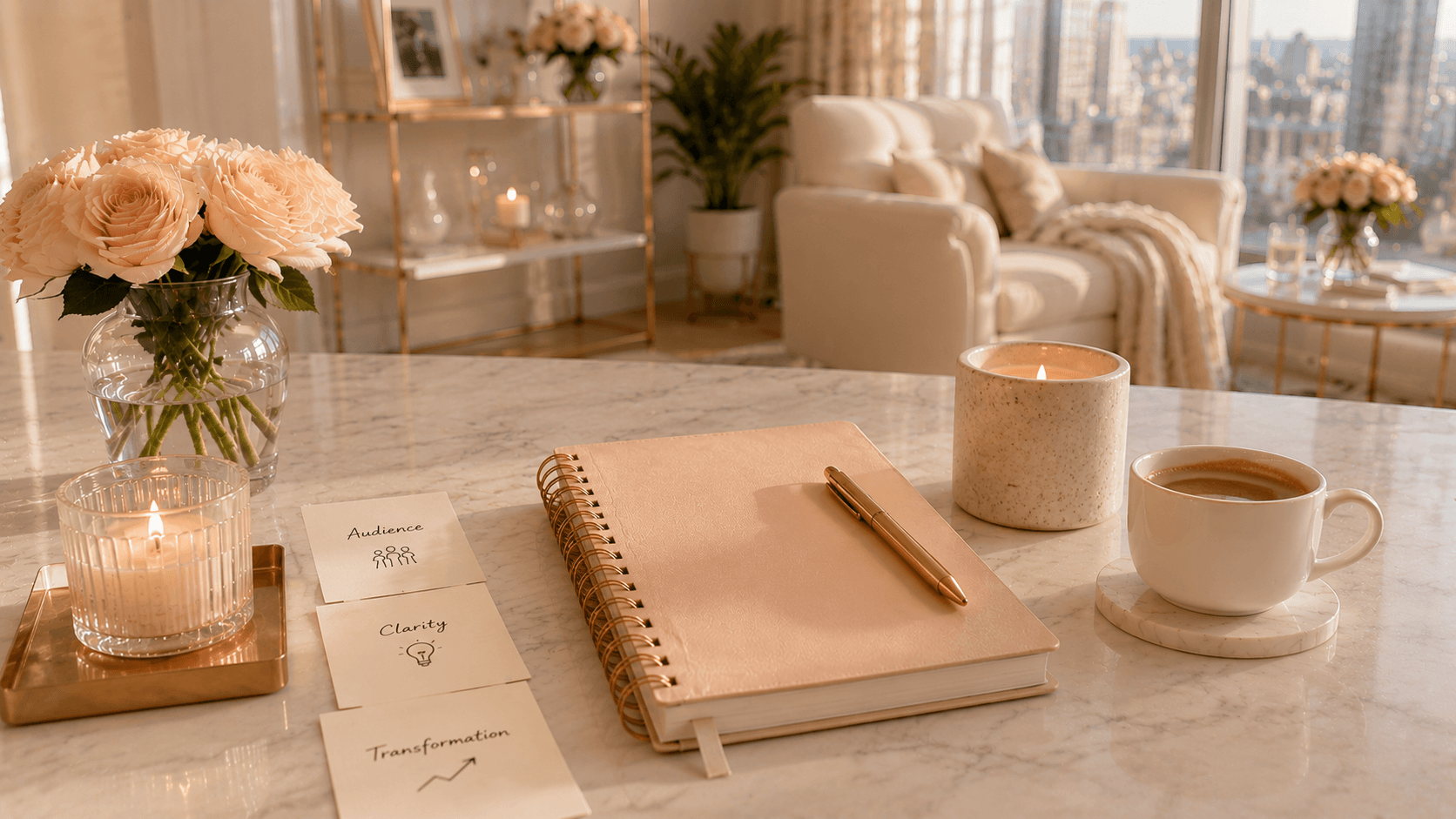 a notebook on top of a counter, on the side notes with texts that says audience, clarity, transformaiton