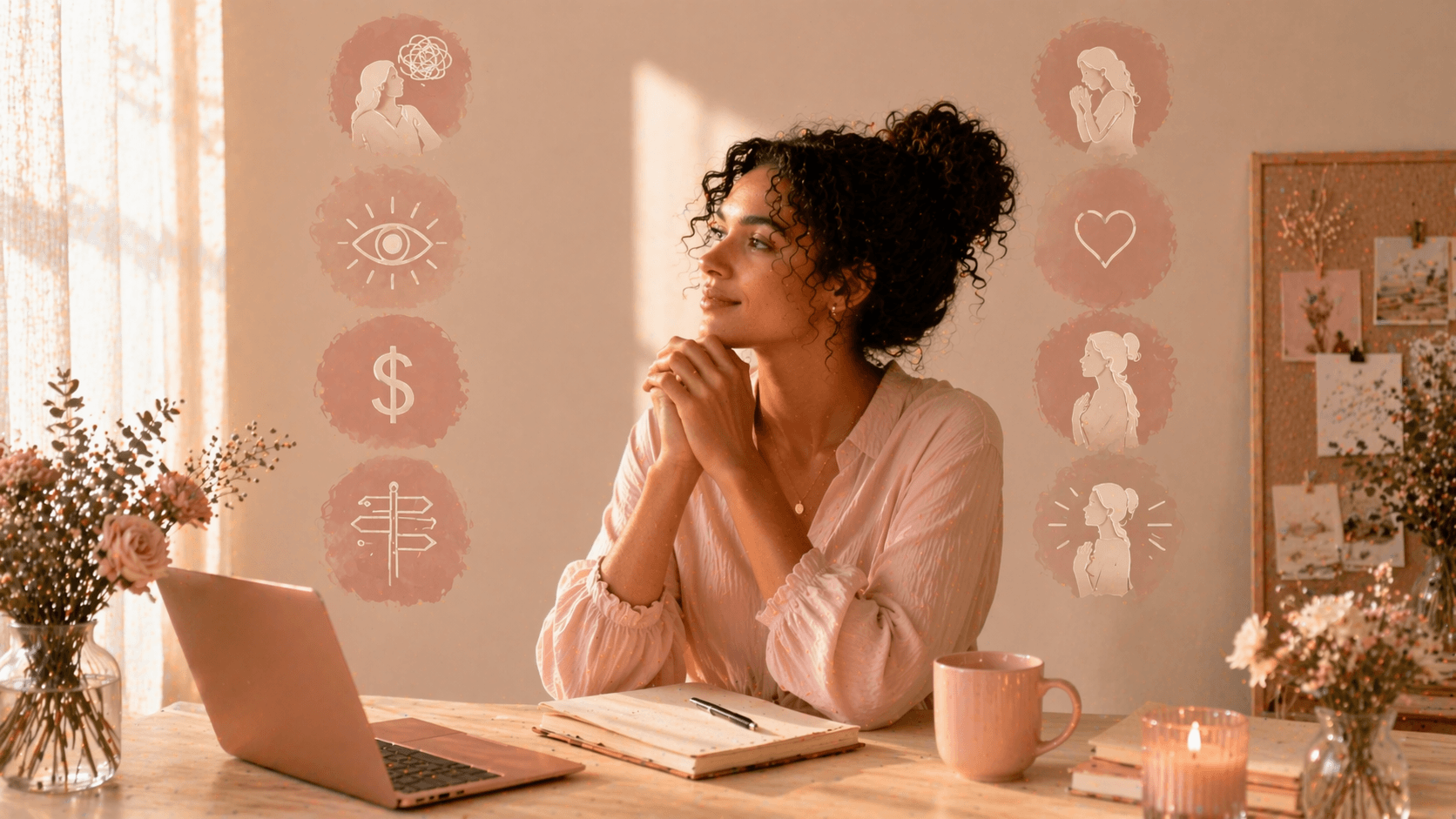 a woman in her office, with a laptop in front of her, looking towards the left side of the image