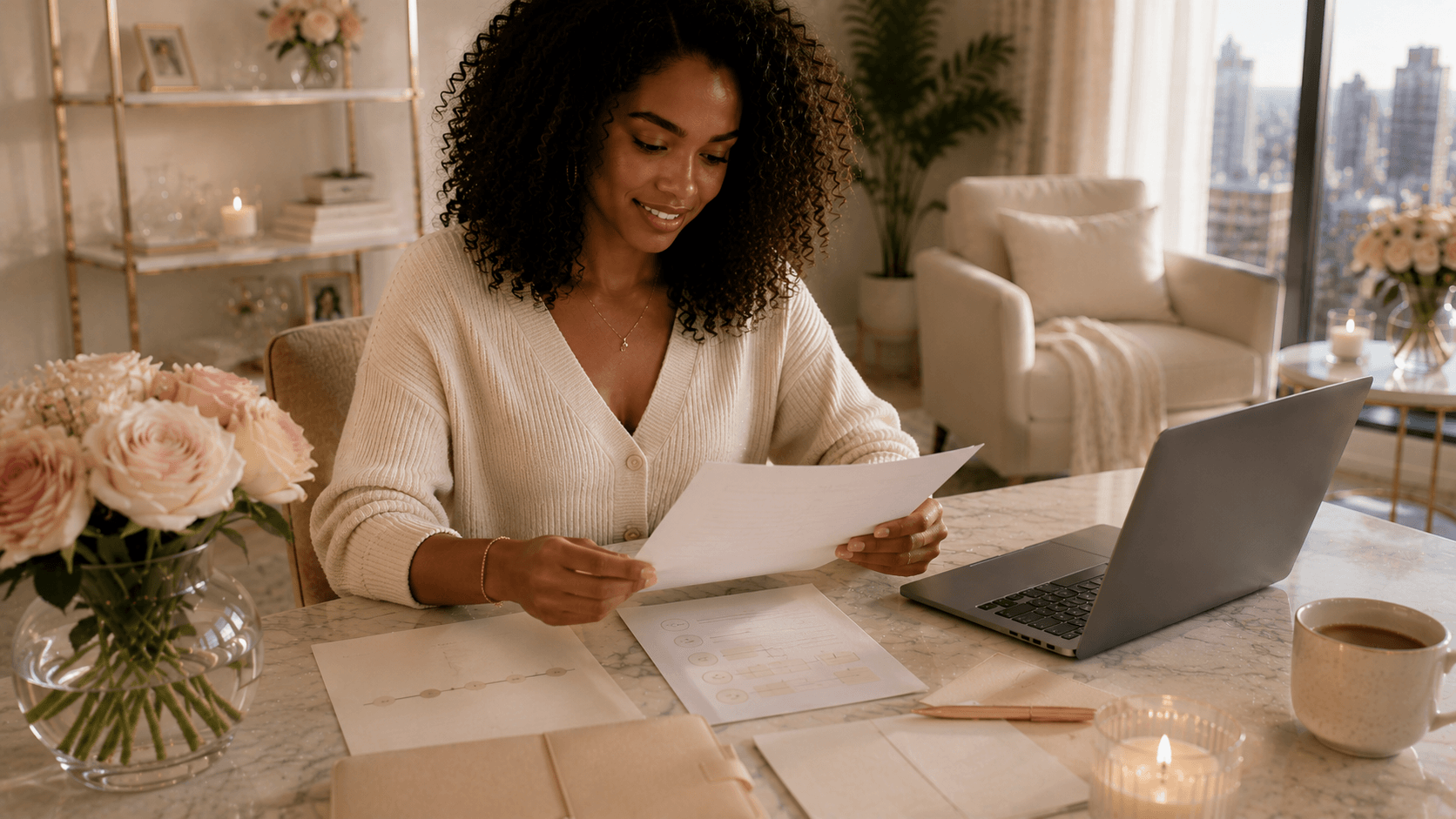 a woman looking at coaching worksheets