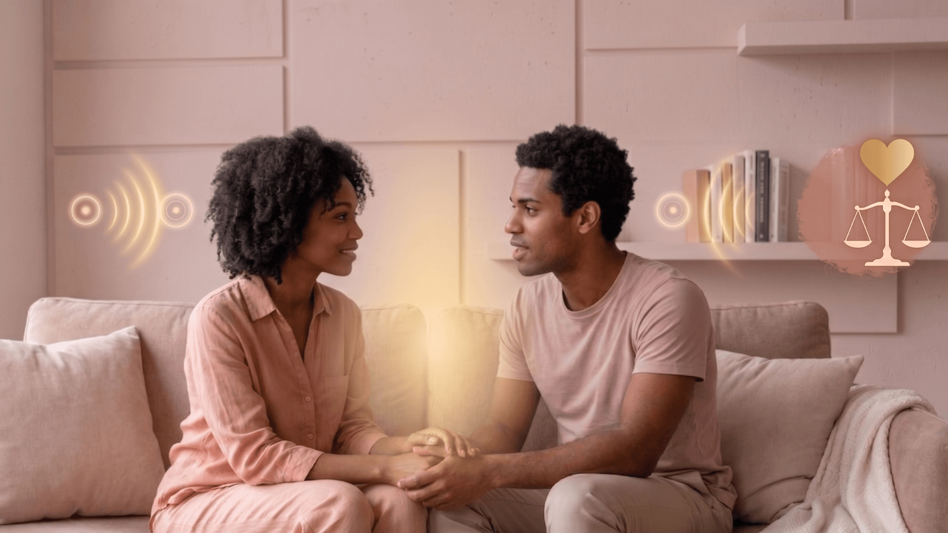 a man and woman sitting on a couch, holding each other's hands
