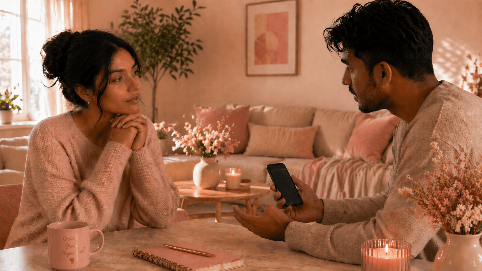 a couple facing each other talking while sitting at a table