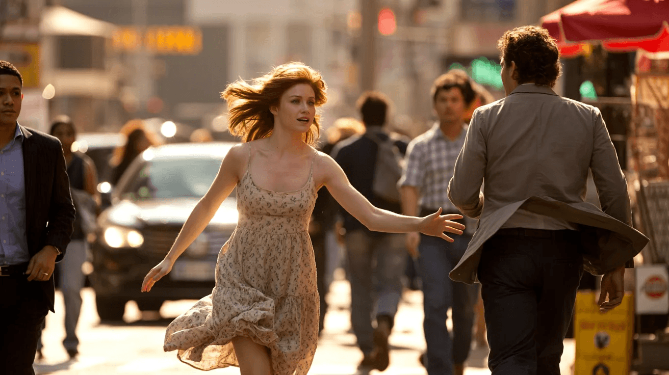 a woman seemingly running in the middle of a busy street to catch up to a man