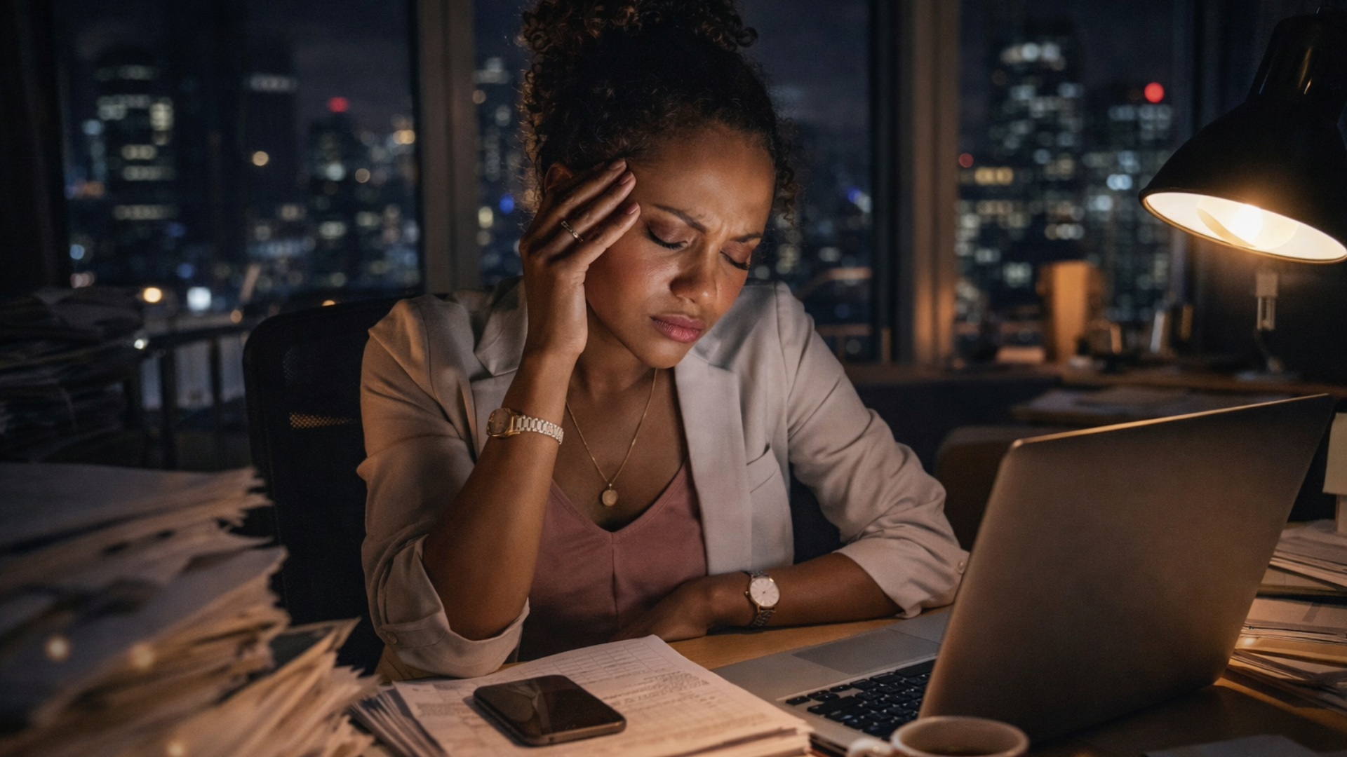 image of a tired woman in front of stacks of papers and a laptop