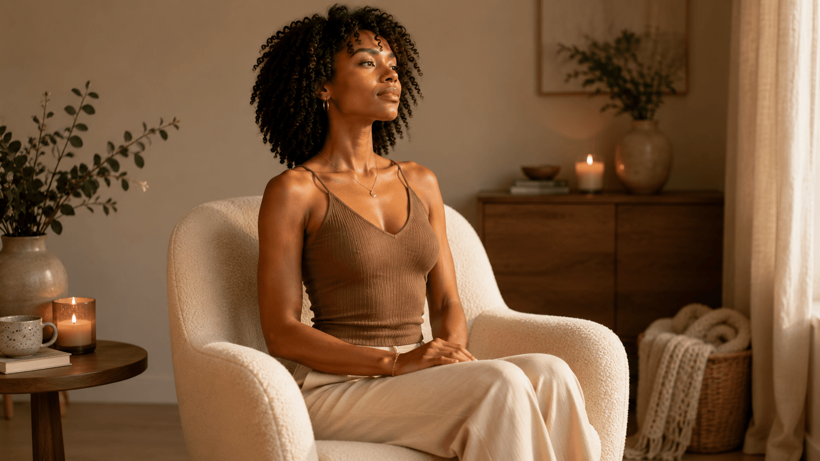 a woman sitting with a good posture