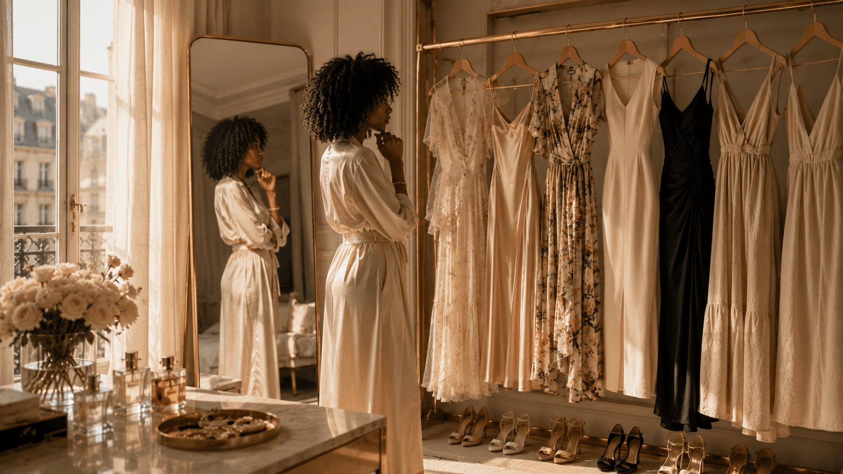 a woman looking at different dresses