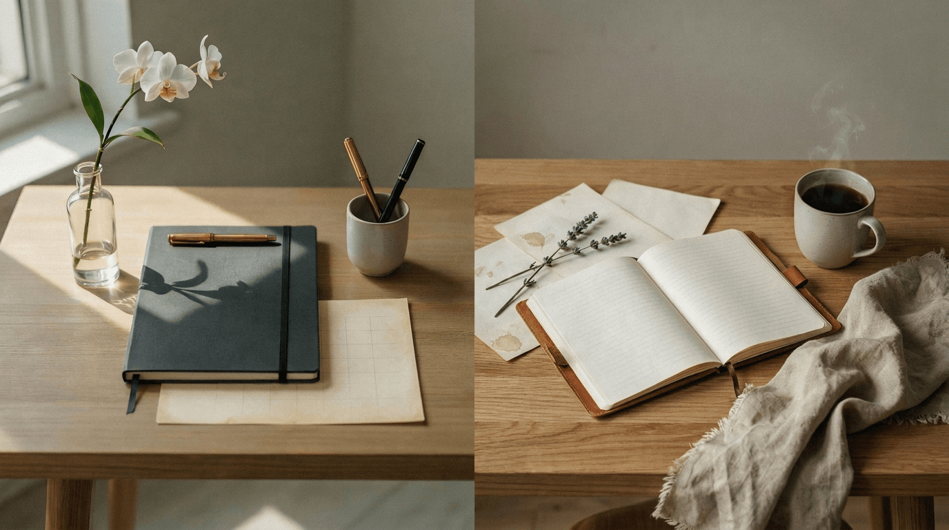 a comparison of two notebooks, one with a closed notebook with a dark cover, another with an open notebook