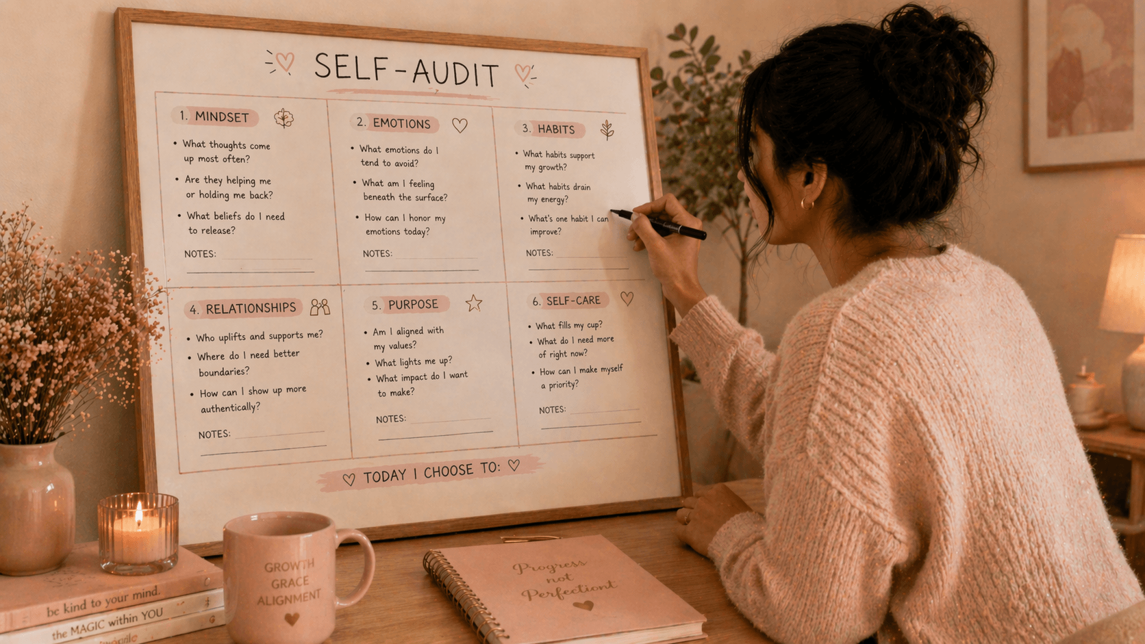 a woman writing on a vision board about self-auditing 