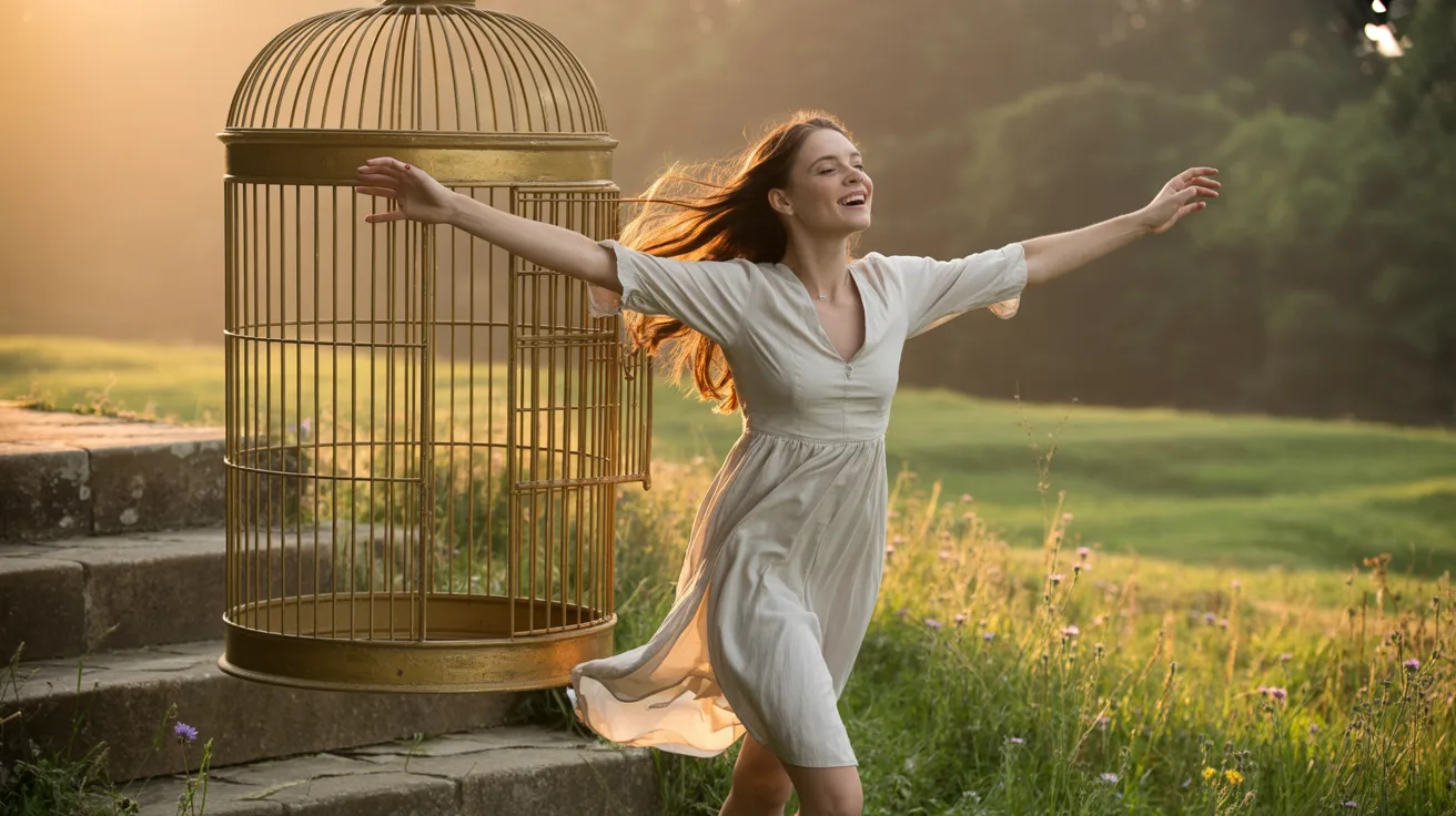 an image of a woman that shows being free from a cage