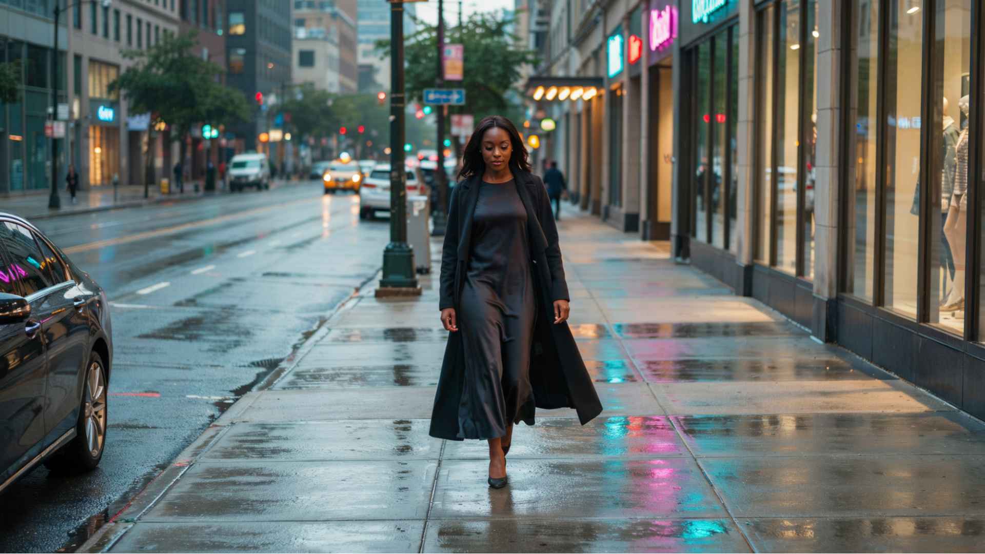 a woman standing at a business district sidewalk