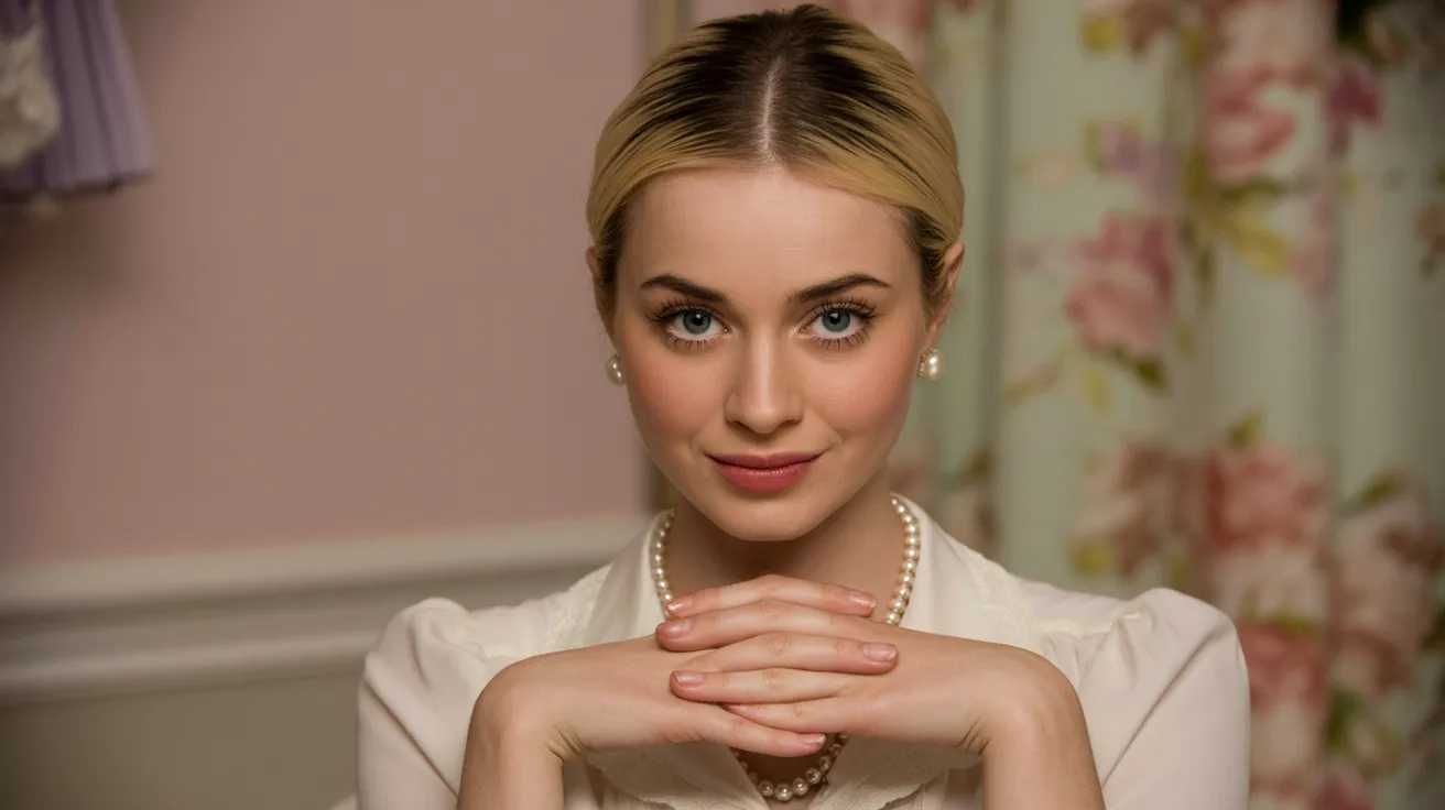 an image of a woman with pearl earrings and necklace looking straight at the camera