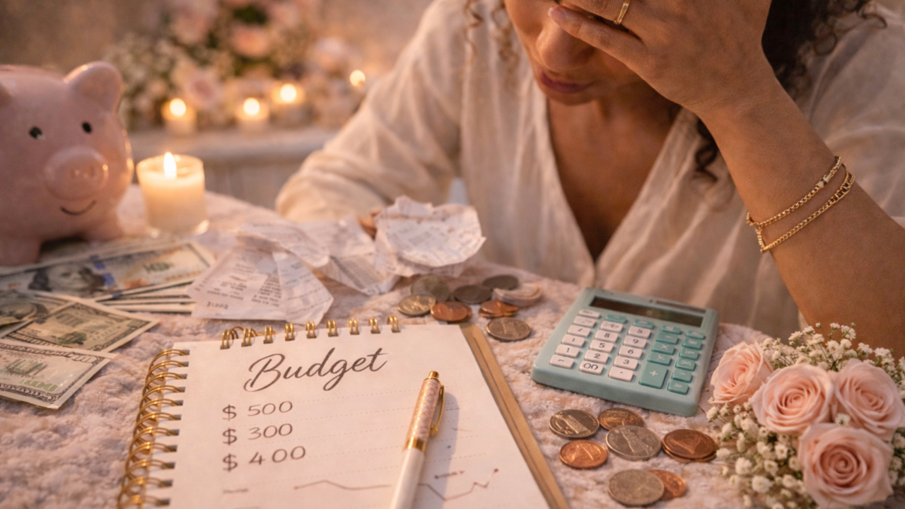 An image of bills, money, calculator, pennies, and other budgeting tools in a table