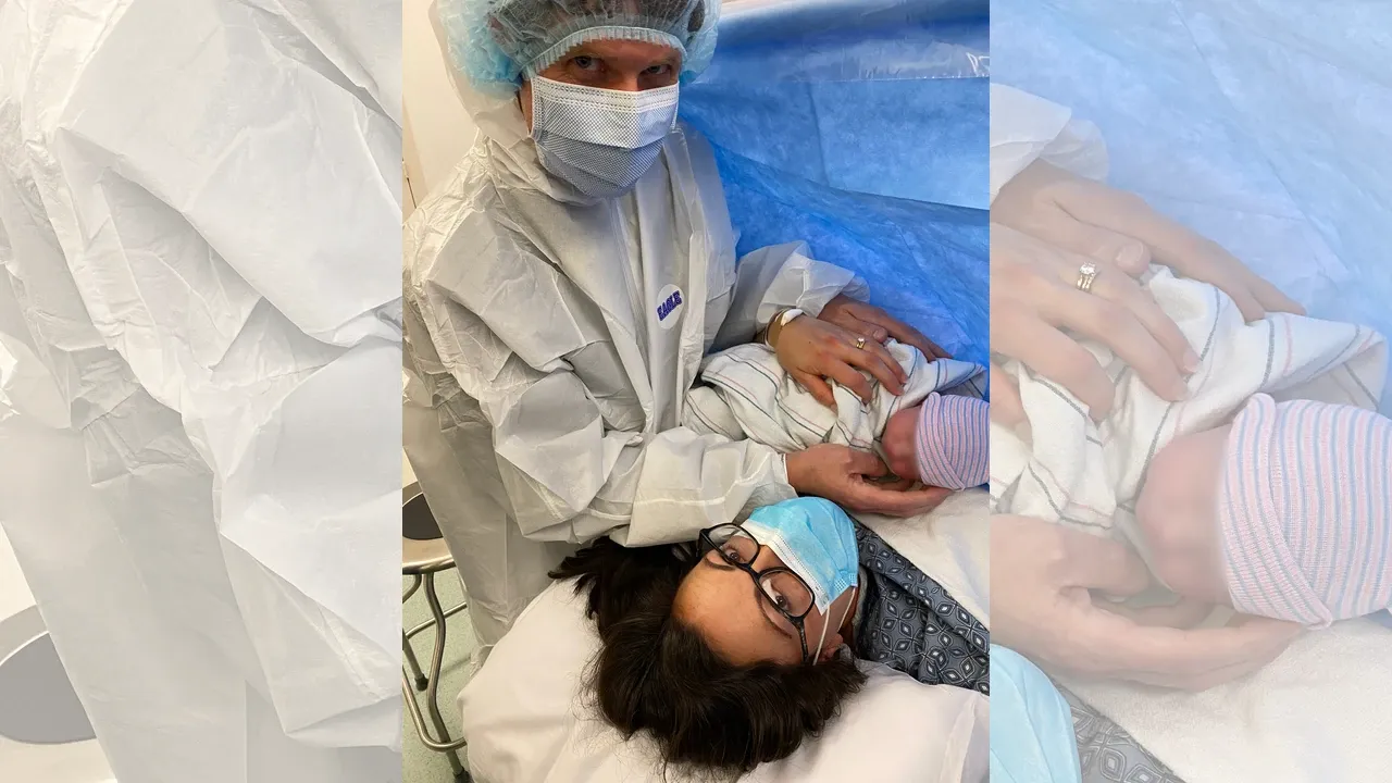 First-time mom and dad holding their newborn in the OR moments after an emergency C-section
