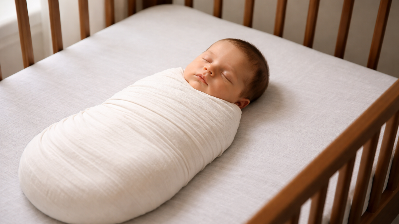 Newborn baby swaddled and sleeping on back in empty crib, safe sleep setup for infants following AAP safe sleep recommendations.