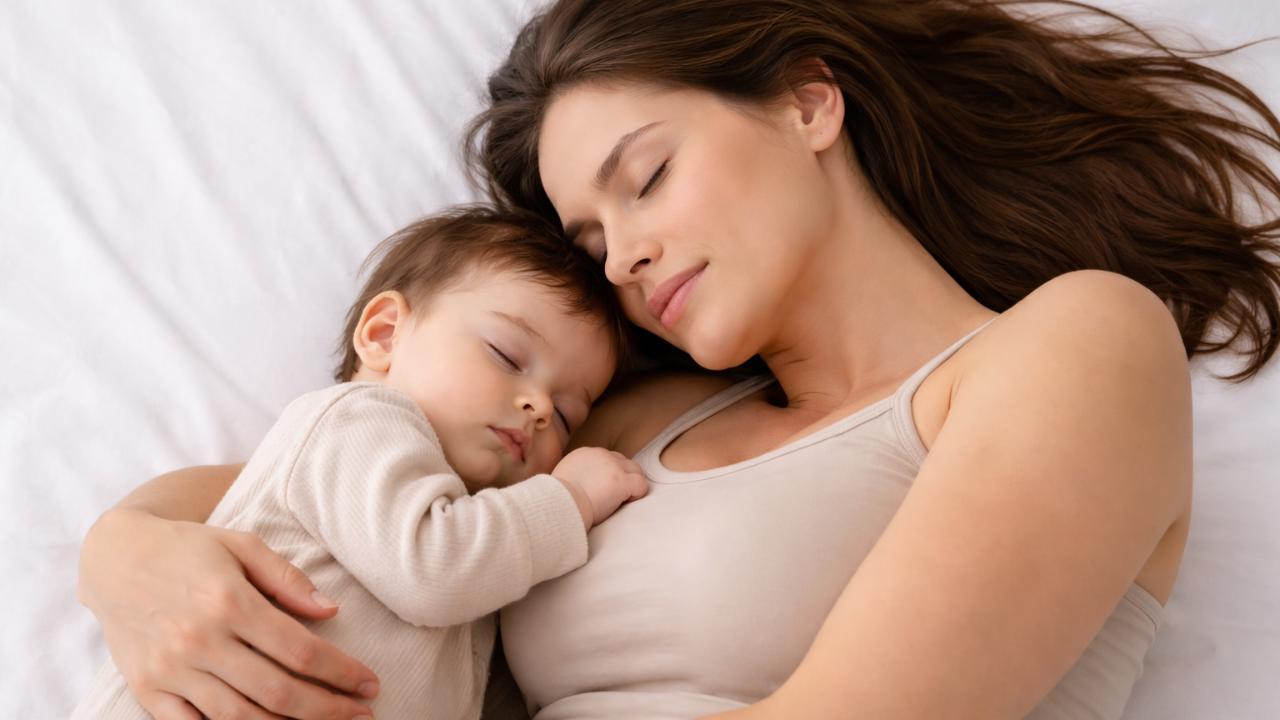 A mother and her baby sleeping peacefully together on a simple, uncluttered sleep surface with no pillows or blankets, reflecting a calm and intentional co-sleeping setup