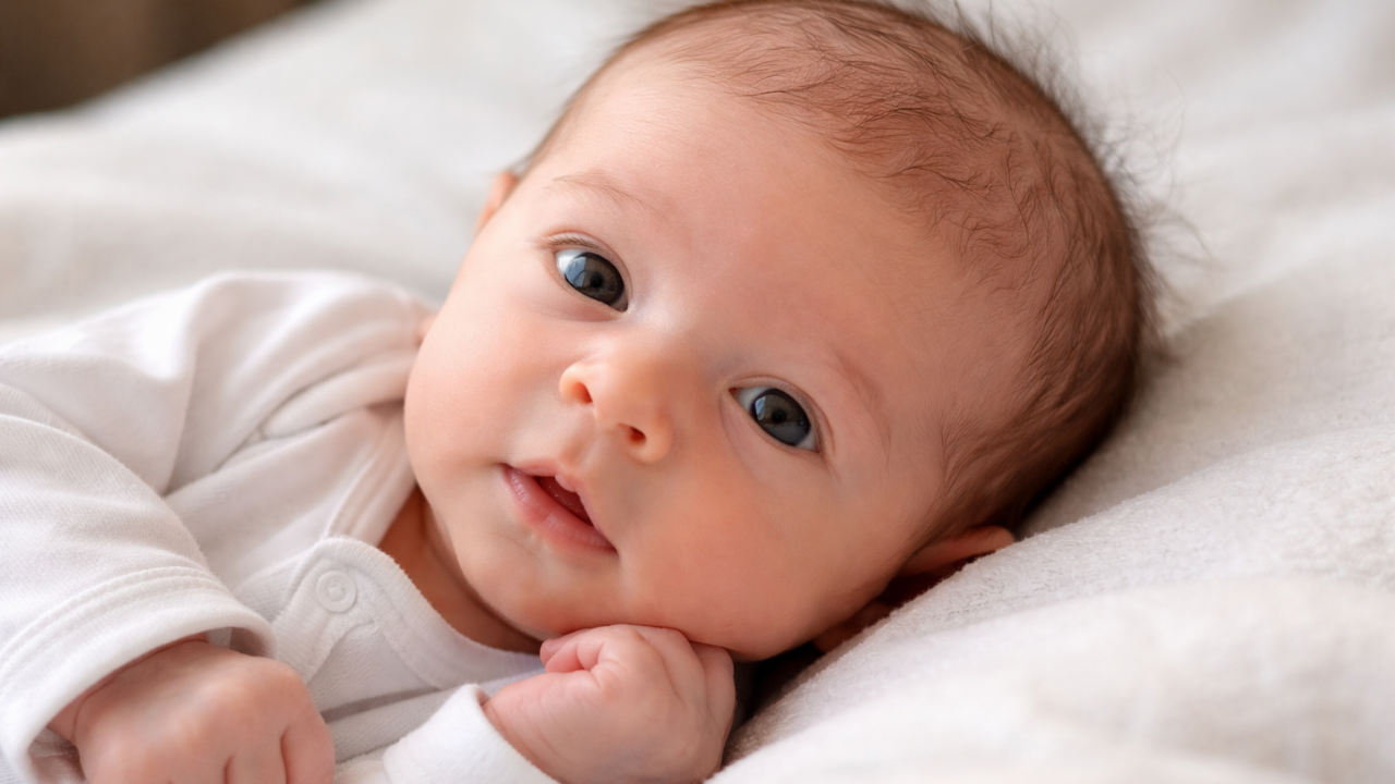 Close-up of a newborn with mild scalp hair loss, illustrating normal newborn telogen effluvium adn early infant hair shedding during the first weeks after birth