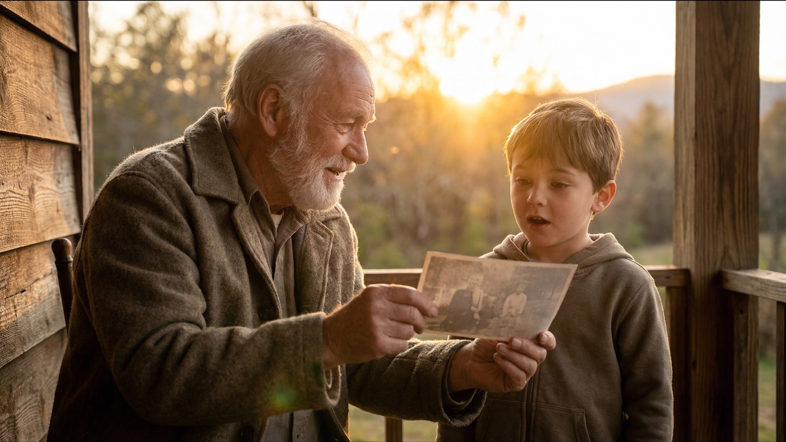 Elderly grandfather sharing family stories and old photographs with his young grandson on a porch at sunset, symbolizing digital legacy preservation with Heirlūum AI.