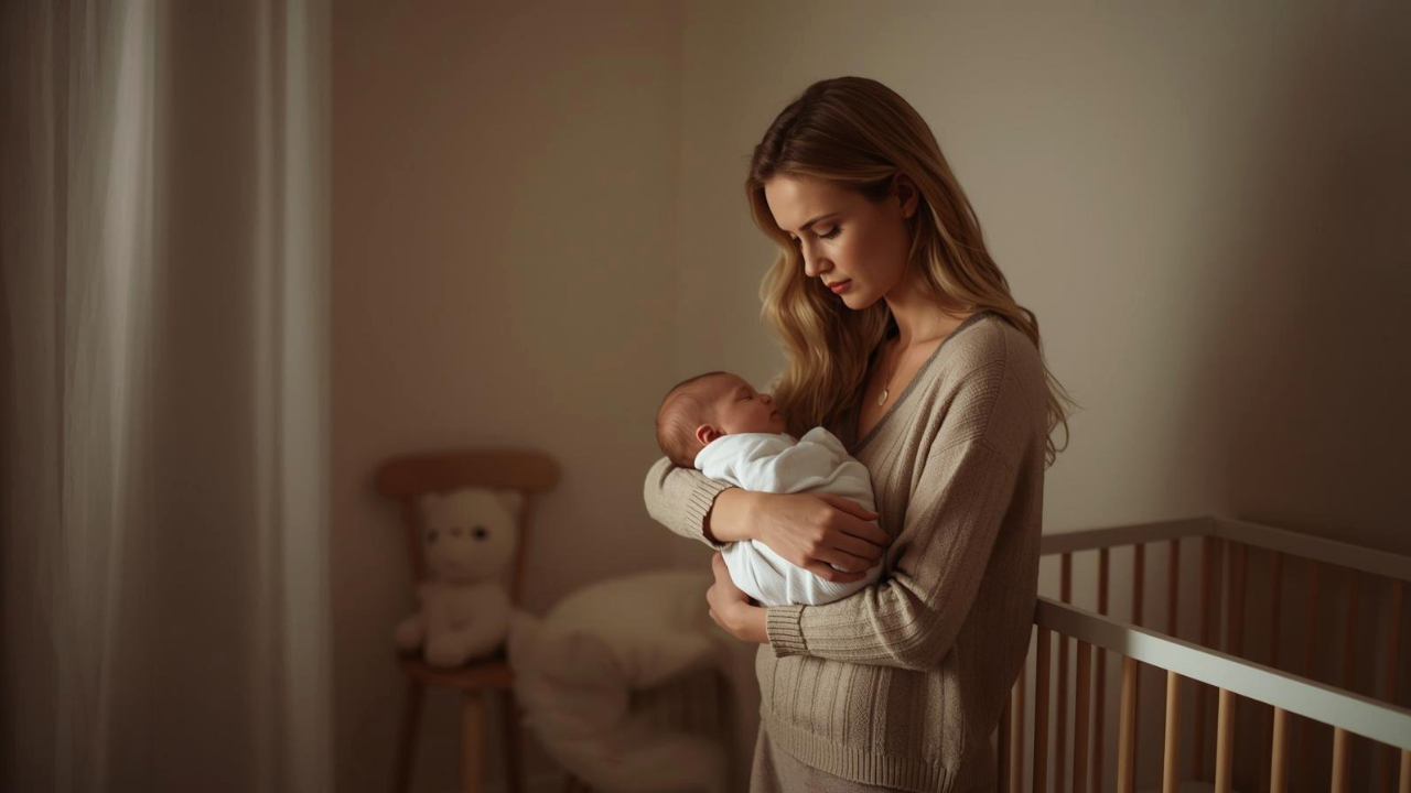 baby waking at night in crib while mother holds newborn in calm sleep routine setting
