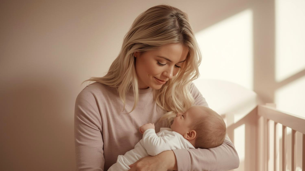 mother holding baby in nursery calm routine newborn sleep environment