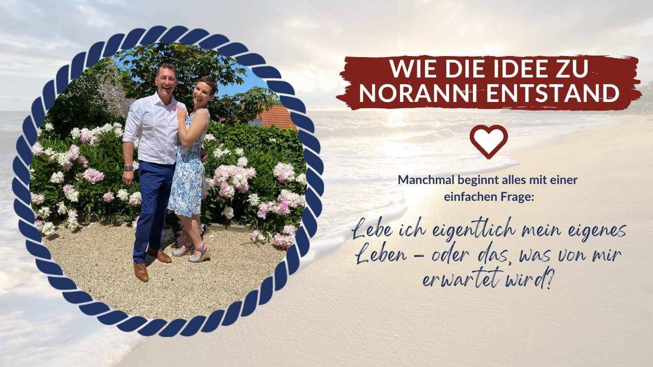Hannes und Kathi umarmen sich und blicken glücklich in die Kamera, wie die Idee zu NORANNI entstand