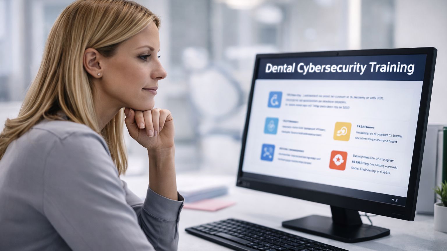 Dental team member reviewing patient data on a computer, illustrating privacy and cybersecurity awareness in a dental practice