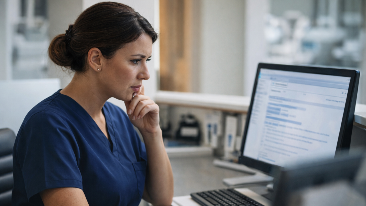 Dental front desk staff member reviewing a computer screen with concern while working in a dental office, illustrating security awareness and phishing risk