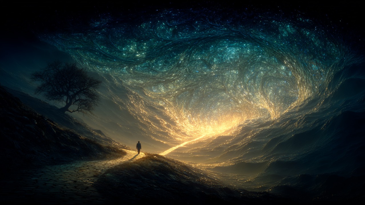 A winding path disappearing into a dark forest with light visible in the distance — representing the individuation journey in Jungian psychology