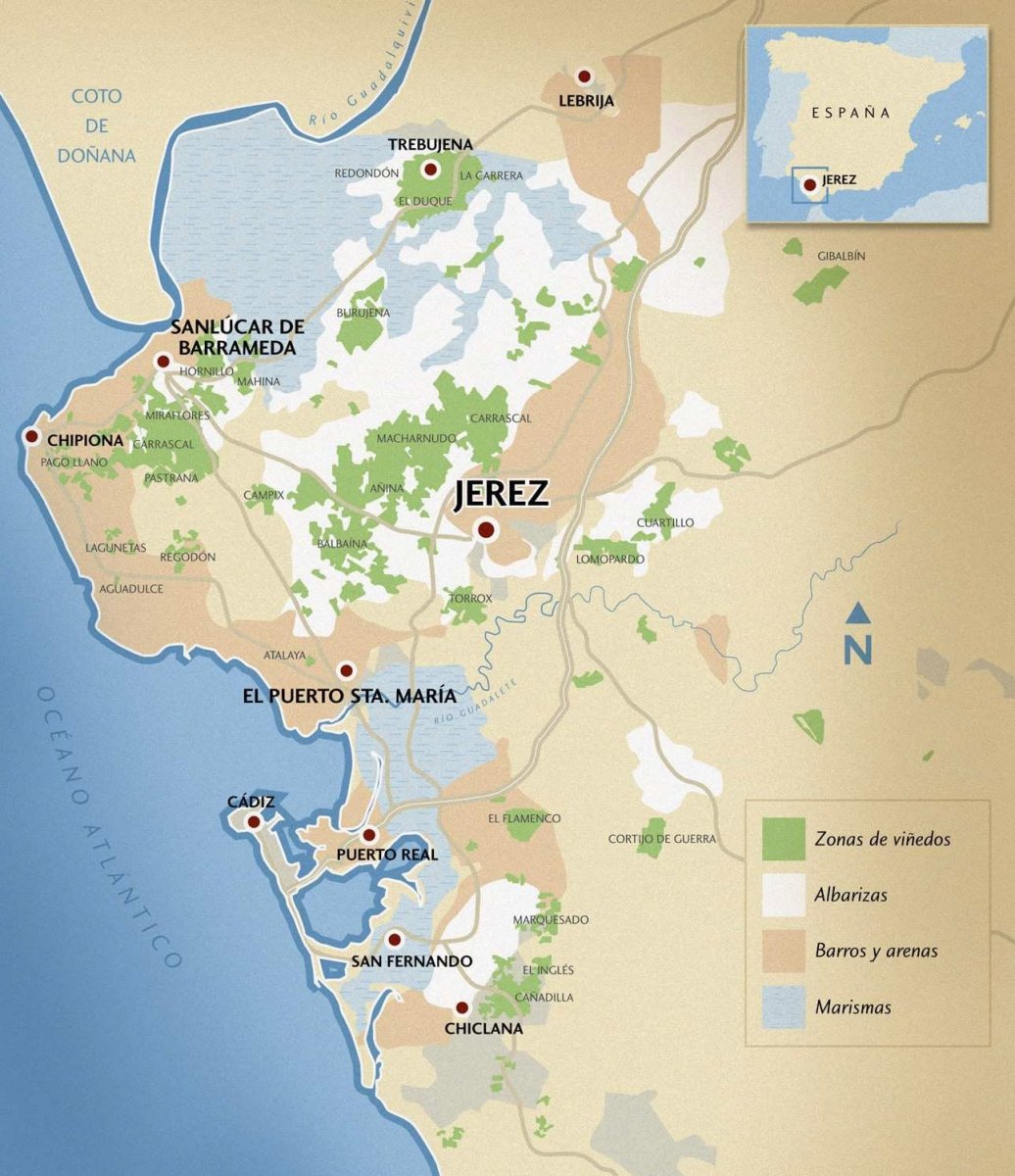 Sherry üçgeni ve sherry üretim bölgeleri haritası: Jerez de la Frontera, El Puerto de Santa María, Sanlúcar de Barrameda ve albariza alanları
