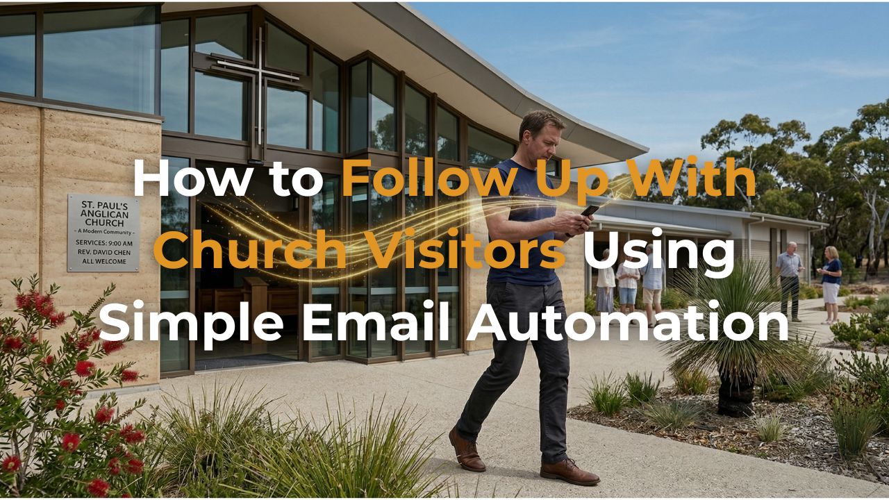 image of a man leaving a church and receiving an email from the church straight away.