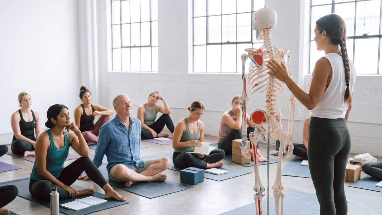 yoga anatomy workshop class with instructor and skeleton model