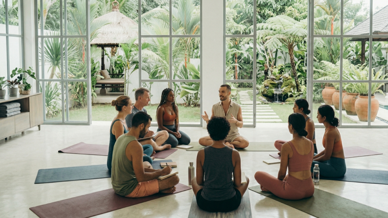 Yoga teacher training students and instructor in a bright, modern studio discussing program pricing and curriculum.