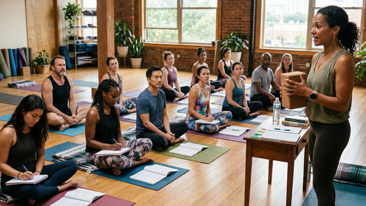 Diverse yoga teacher training program in a bright studio with a mixed-race female instructor explaining a concept to students taking notes.