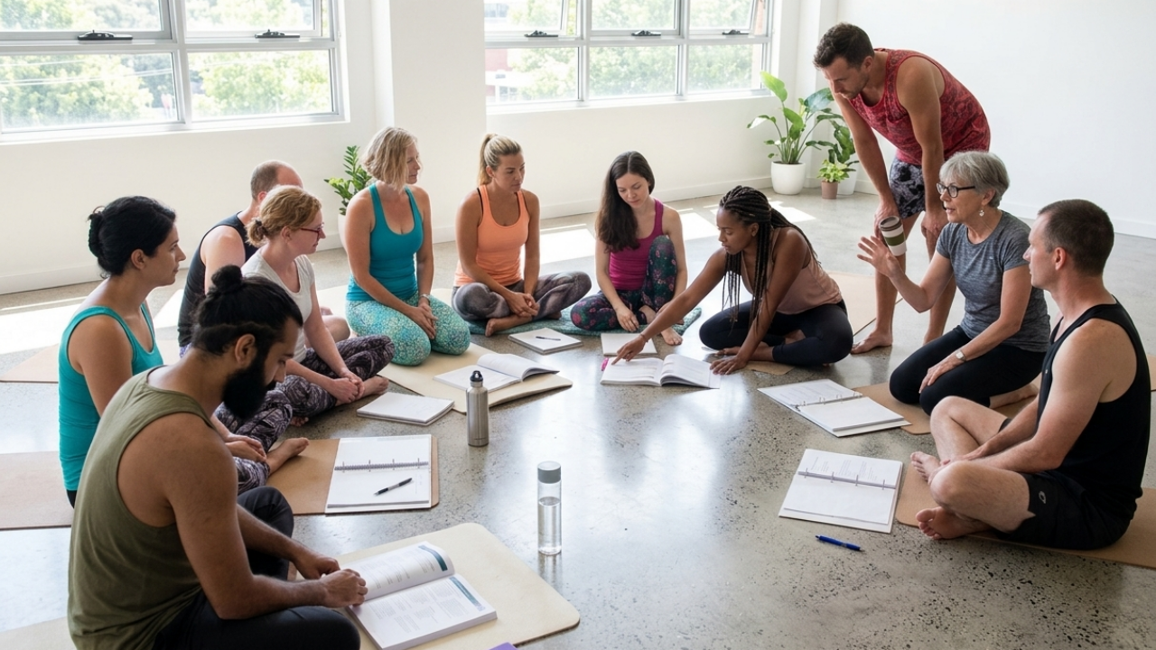 A diverse group of adults sitting on mats in a circle, engaged in discussion during a yoga teacher training workshop. Students are using open manuals, notebooks, and pens to follow along, with a teacher explaining the material and other students collaborating in the bright, light-filled studio.