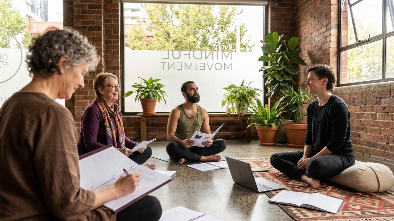 Yoga teacher training faculty and students reviewing a 200-hour curriculum manual and lesson plans in a bright, modern studio with "Mindful Movement" visible on the window.
