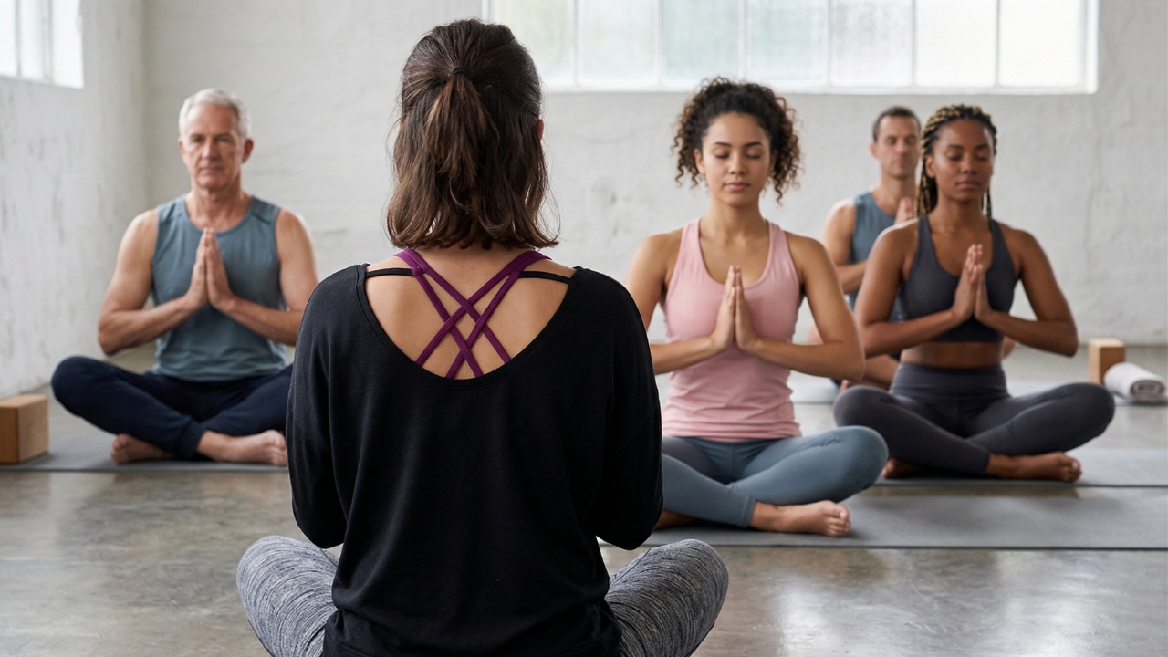 An instructor leads a yoga class in an studio with students that have their hands in namaste