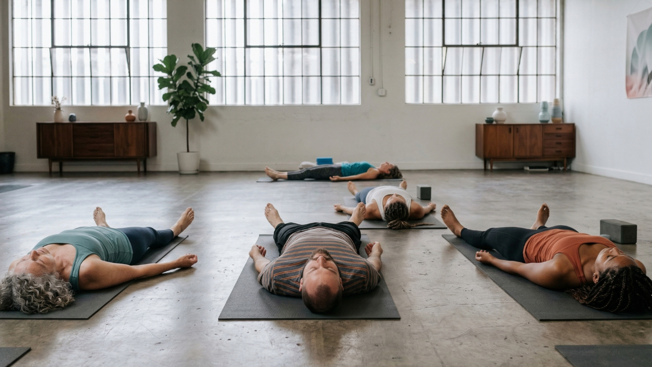 A high-angle view of a serene yoga class practicing Savasana on mats in a minimalist studio with natural wood accents.