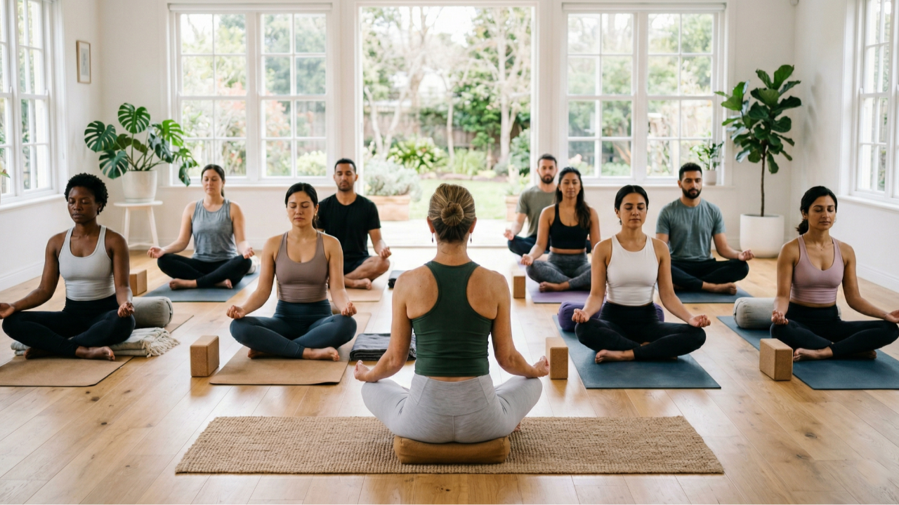 Yoga teacher trainer teaching yoga teacher trainees meditation in a yoga studio