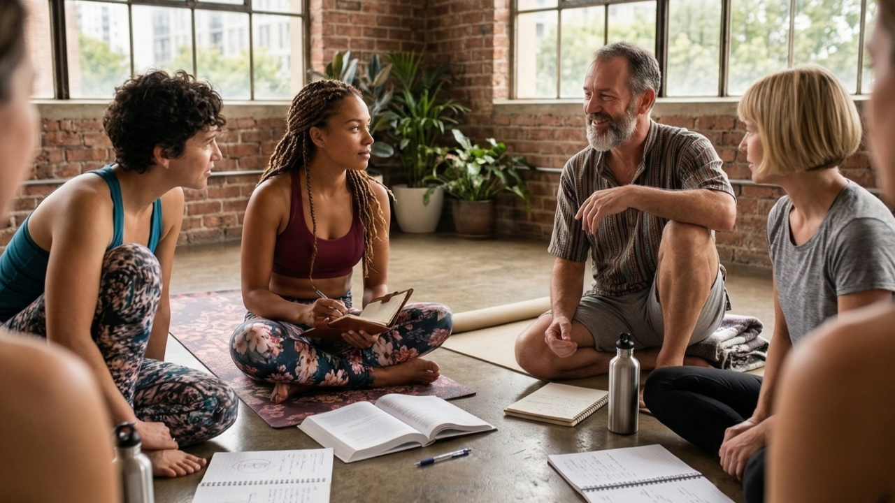 A group of diverse yoga teacher trainees sitting in a circle on a studio floor with painted white brick walls. They are engaged in an active discussion, using open manuals, notebooks, and a laptop to review curriculum materials during a professional training session.