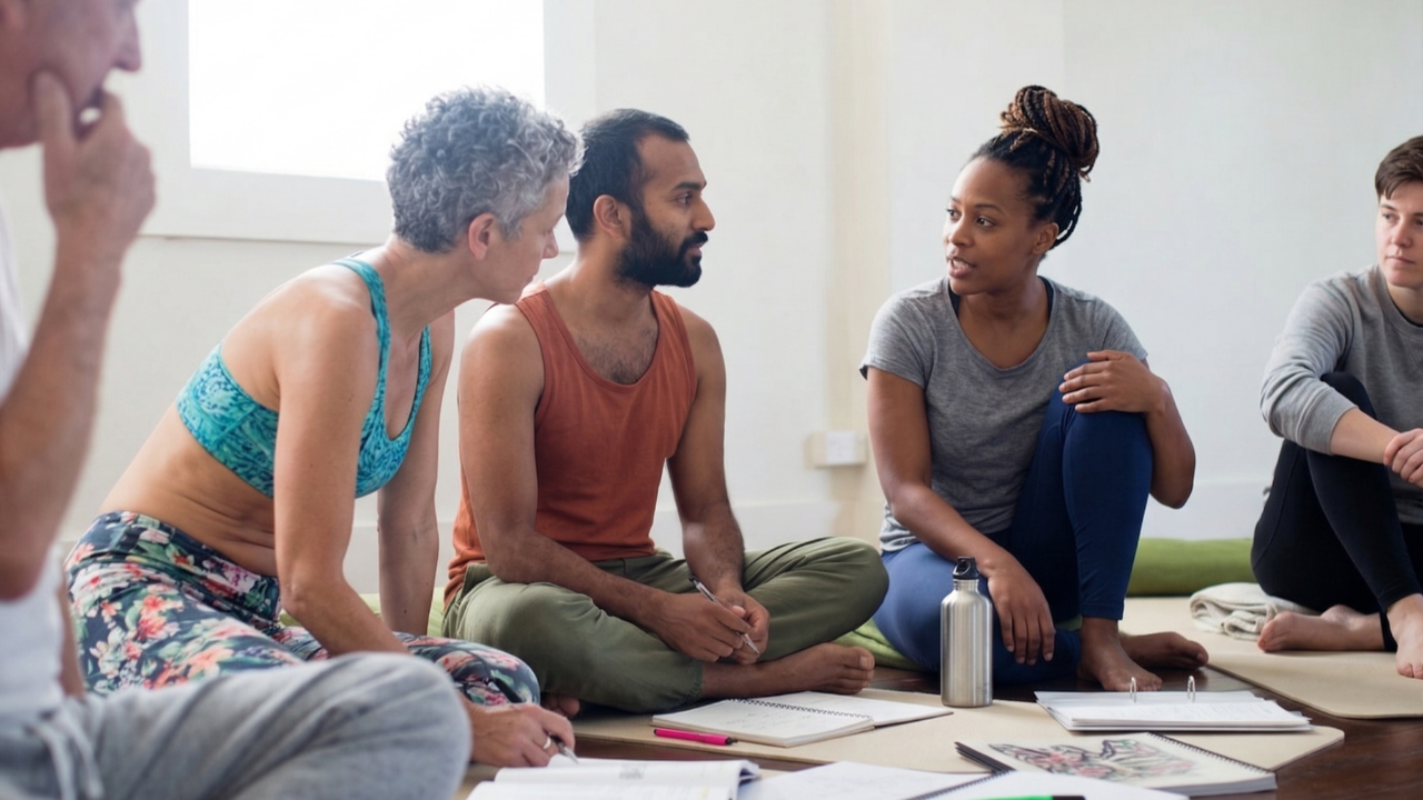 A diverse group of yoga teacher trainingstudents sitting in a circle on a studio floor, engaging in a mindful discussion during a teacher training workshop. They are surrounded by notebooks, pens, and water bottles on yoga mats.