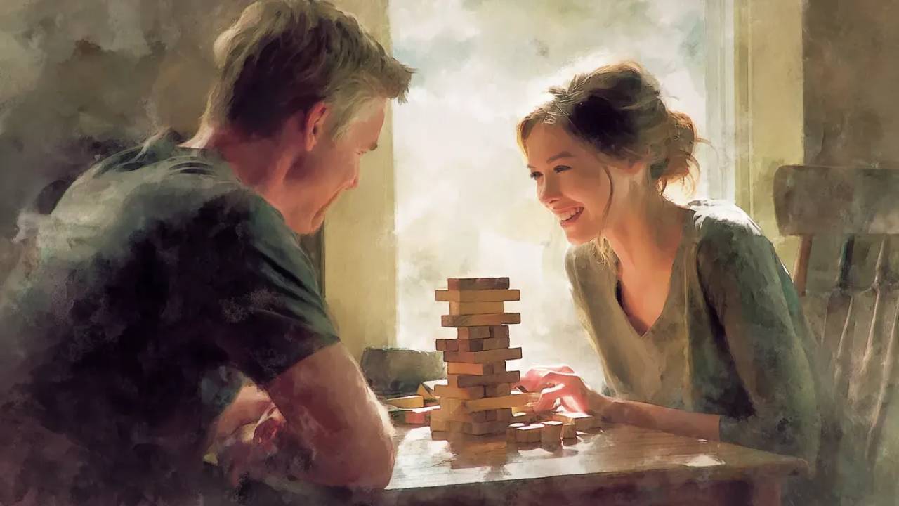 A soft watercolor illustration of a couple laughing and playing a game of Jenga together in a cozy, intimate setting."