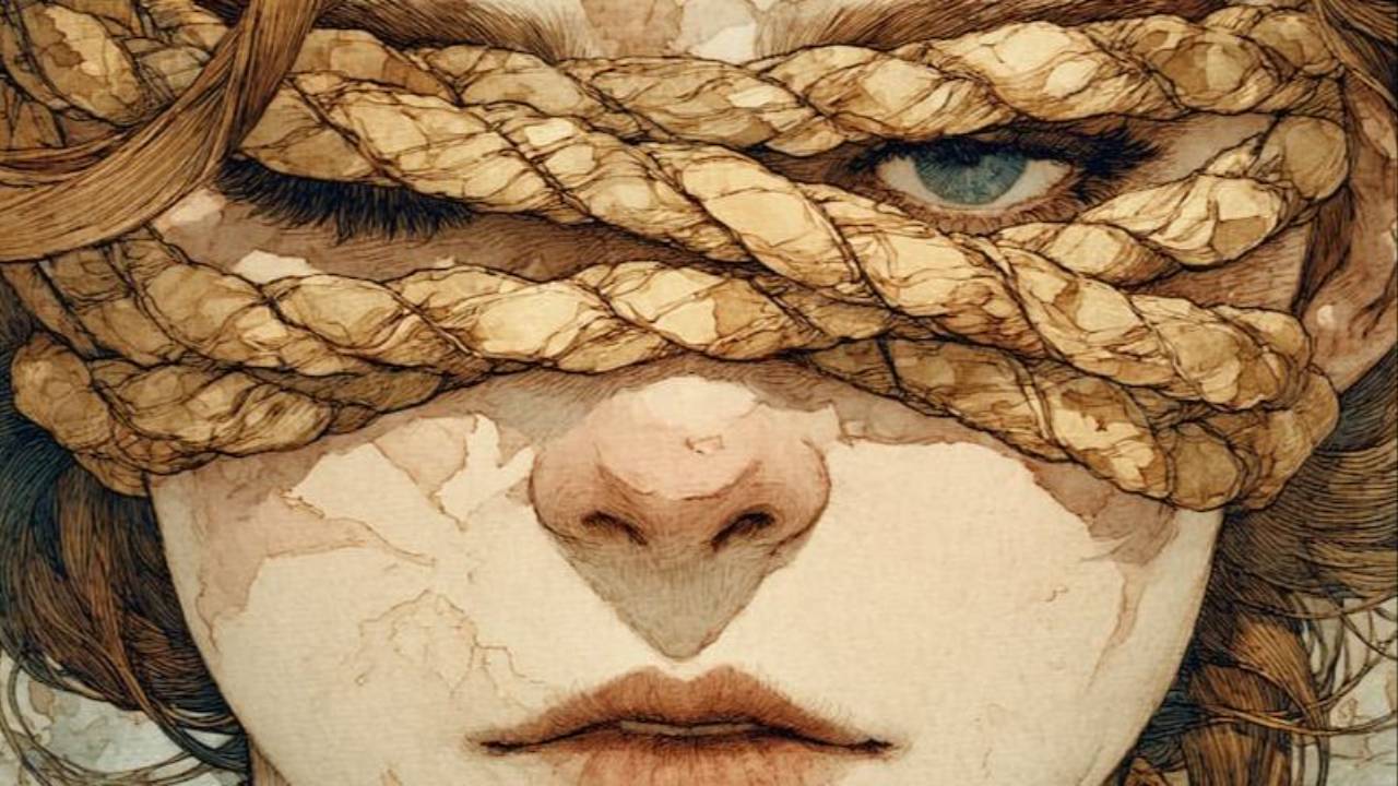 A woman with rope on her face that makes a mask