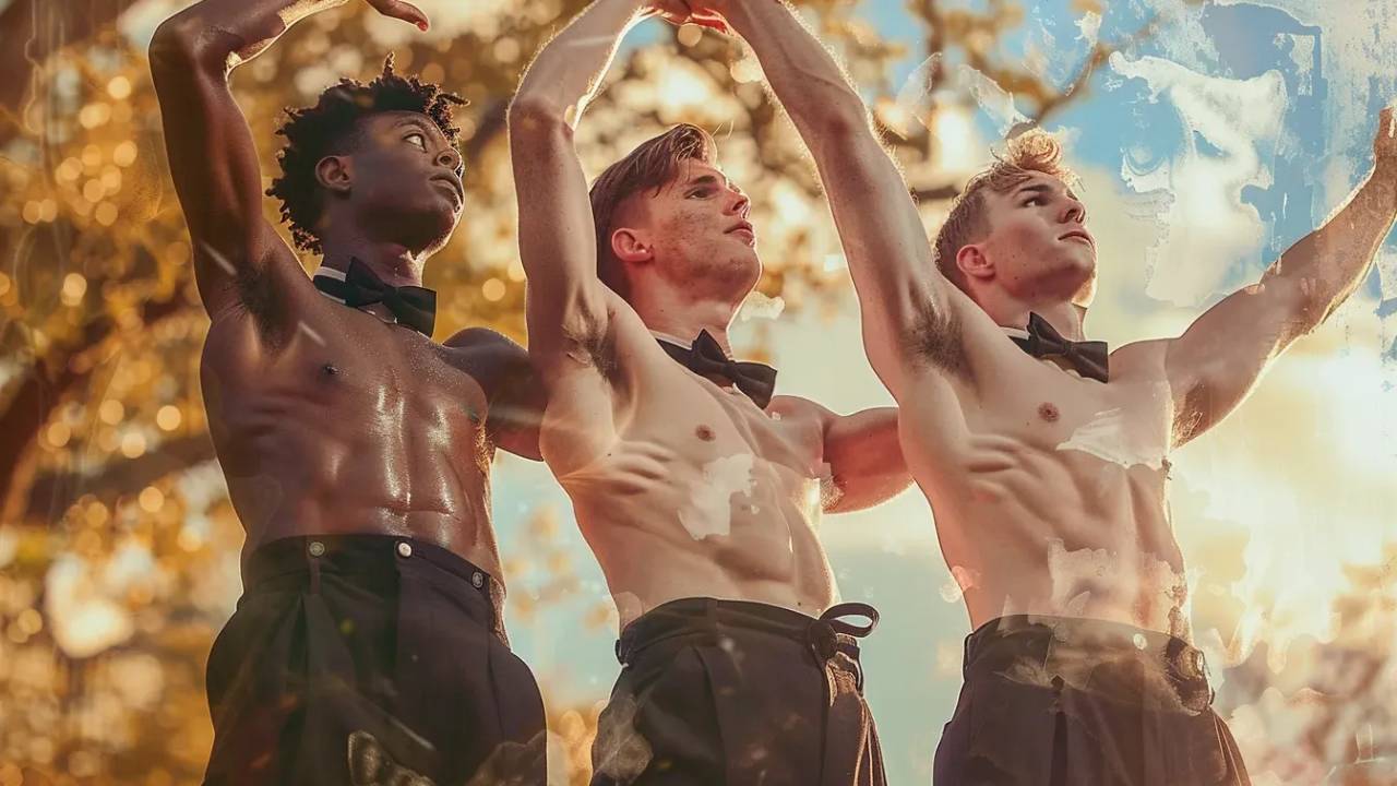 Three male entertainers in performance attire posing confidently, representing professional male stripper name ideas.