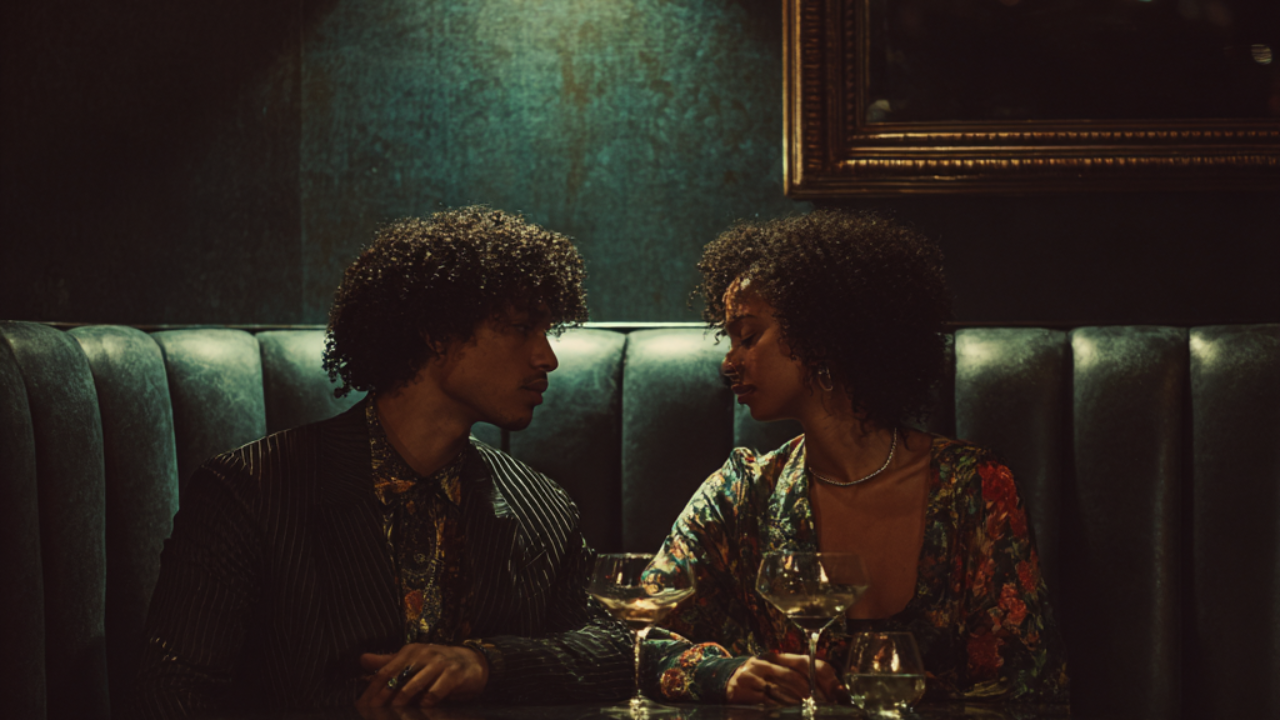Couple sharing an intimate moment in a candlelit restaurant booth, Pearl Mississippi date night