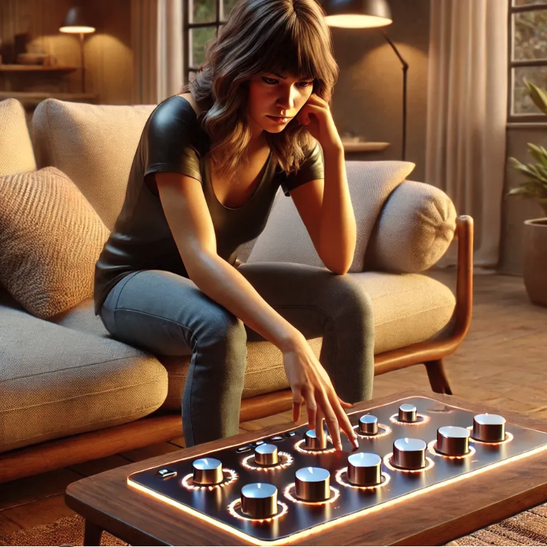 woman on chair looking at her five dials