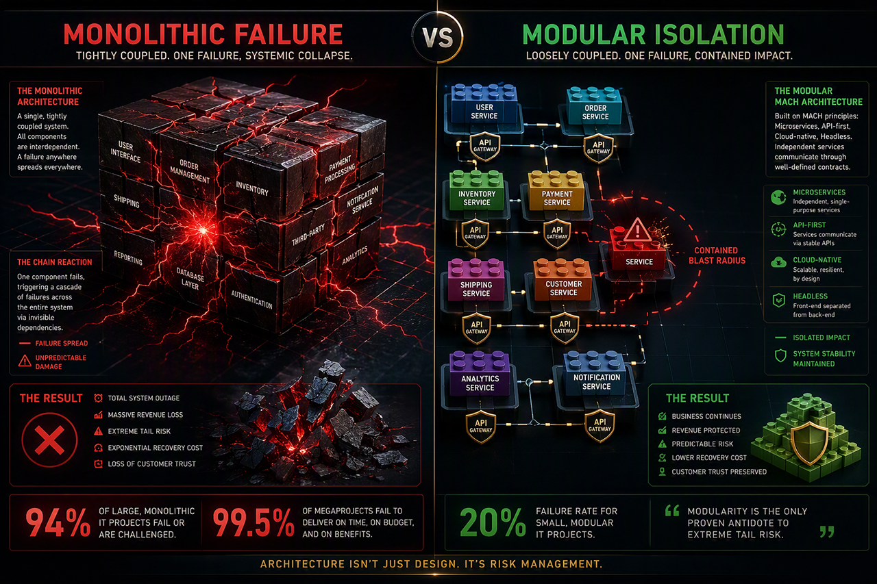A dense text-and-data dashboard titled "Monolithic Failure vs. Modular Isolation." The left column displays a dark cube emitting red cracks across a network tree, displaying metrics like "94% Failure Rate" and "99.5% Failure for Megaprojects." The right column displays separate purple, green, and blue Lego-like blocks representing a "Modular MACH Architecture," displaying a "20% Failure Rate for Small, Modular Projects" and a "Contained Blast Radius."