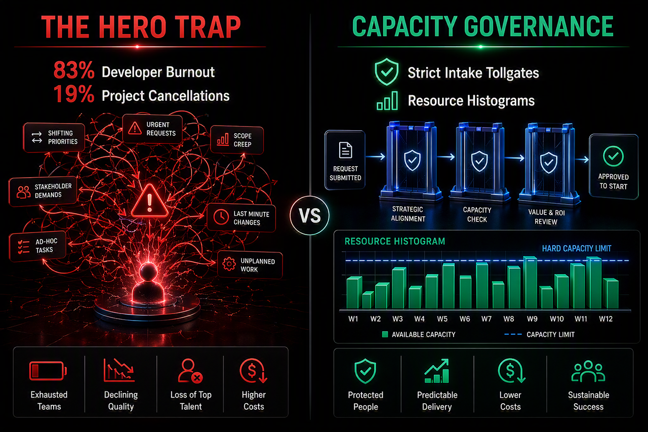 A text-heavy, dark-mode infographic titled "The Hero Trap vs. Capacity Governance." The left side lists "83% Developer Burnout" and "19% Project Cancellations" over an illuminated red silhouette of a person caught in a web of text bubbles like "Shifting Priorities," "Scope Creep," and "Ad-Hoc Tasks." The right side highlights "Strict Intake Tollgates" and "Resource Histograms" above a clean bar chart mapping an orderly green timeline labeled "Available Capacity" bounded by a blue dashed "Hard Capacity Limit."