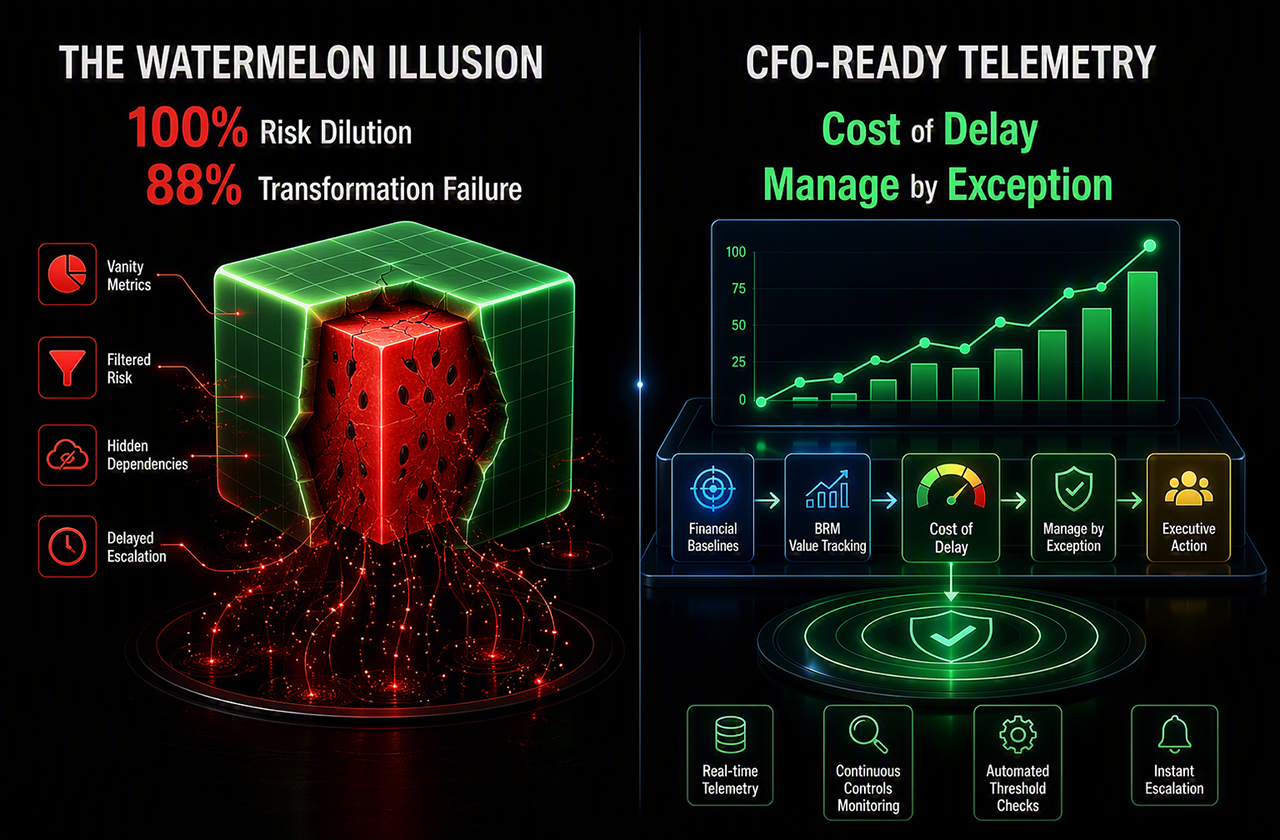 A split-screen infographic titled "The Watermelon Illusion vs. CFO-Ready Telemetry." The left side features a cracked green cube with a red interior filled with watermelon seeds, with text callouts for "100% Risk Dilution" and "88% Transformation Failure." The right side displays a glowing green financial bar chart and a dial gauge detailing "Cost of Delay," "Manage by Exception," and "Executive Action" along an automated data pipeline.