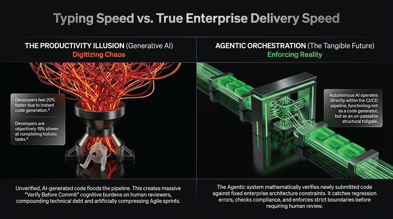 A dark-mode data comparison matrix titled "Typing Speed vs. True Enterprise Delivery Speed." The left side, labeled "The Productivity Illusion," shows a miniature translucent human figure sitting underneath a massive funnel of tangled, burning red lines, representing unverified AI code creating cognitive burdens. The right side, labeled "Agentic Orchestration," features a clean, structural green digital gateway node mathematically verifying code against architecture constraints.