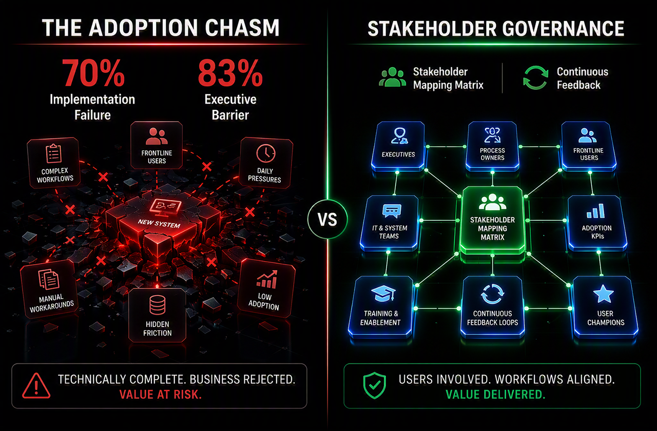 A balanced comparison chart titled "The Adoption Chasm vs. Stakeholder Governance." The left side, under "The Adoption Chasm," displays "70% Implementation Failure" and "83% Executive Barrier" above a dark block showing "Complex Workflows," "Manual Workarounds," and "Hidden Friction." The right side, under "Stakeholder Governance," illustrates an interconnected green network grid linking "Executives," "Process Owners," "Frontline Users," and "Continuous Feedback Loops."