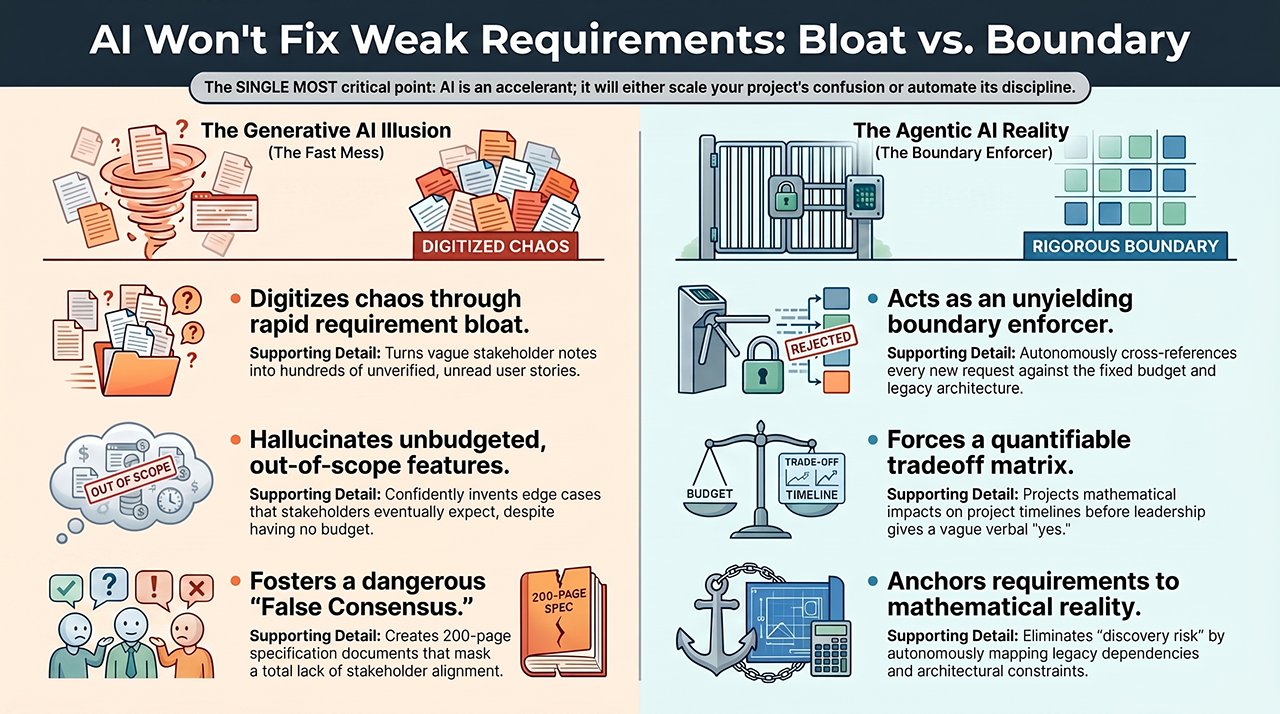 A process chart titled "AI Won't Fix Weak Requirements: Bloat vs. Boundary." The left column features a red tornado icon pulling in loose papers labeled "The Generative AI Illusion (The Fast Mess)" above bullet points for "Requirement bloat" and "Hallucinates out-of-scope features." The right column features a secure security gate icon labeled "The Agentic AI Reality (The Boundary Enforcer)" above bullet points for "Unyielding boundary enforcer" and "Forces a quantifiable tradeoff matrix."